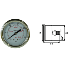 Manómetro hidráulico DN 63 en baño de aceite - Horizontal 1/4 BSP - 1 a 600 bar