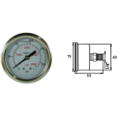 Hydraulic pressure gauge DN 63 in oil bath - Horizontal 1/4 BSP - 1 to 600 bar