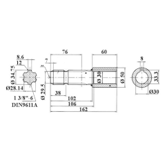 Ø 30 x 50 gearbox - 8 key - Z6 PDF shaft - 1"3/8