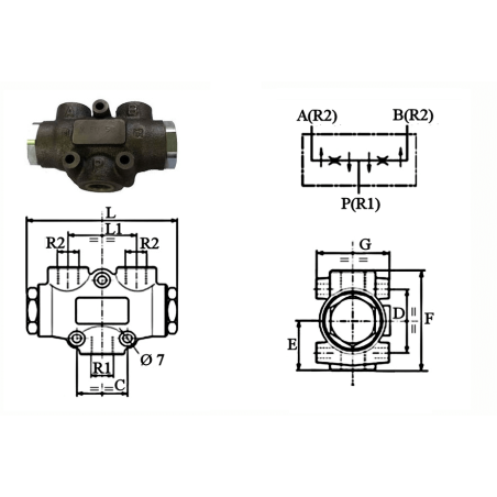 Divisor de caudal de fundición - relación 50-50 - caudal de 60 a 80L/mn - entrada 1/2 BSP / salida 3/8 - 300 Bar.