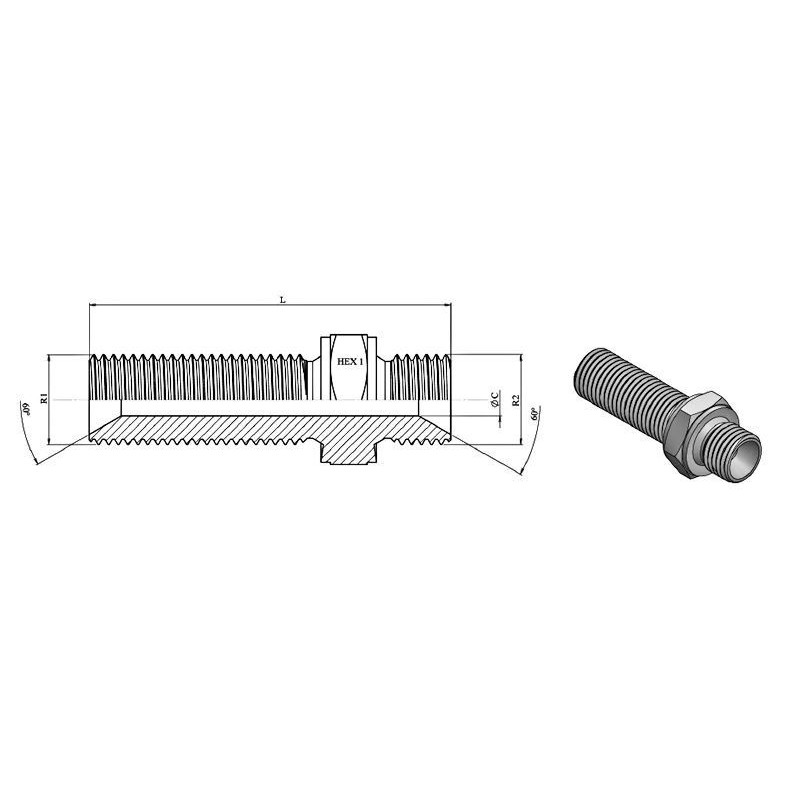 Passe Cloison - MBSPCT 1/4 x MBSPCT 1/4 - Cône 60°. Sans contre-écrou