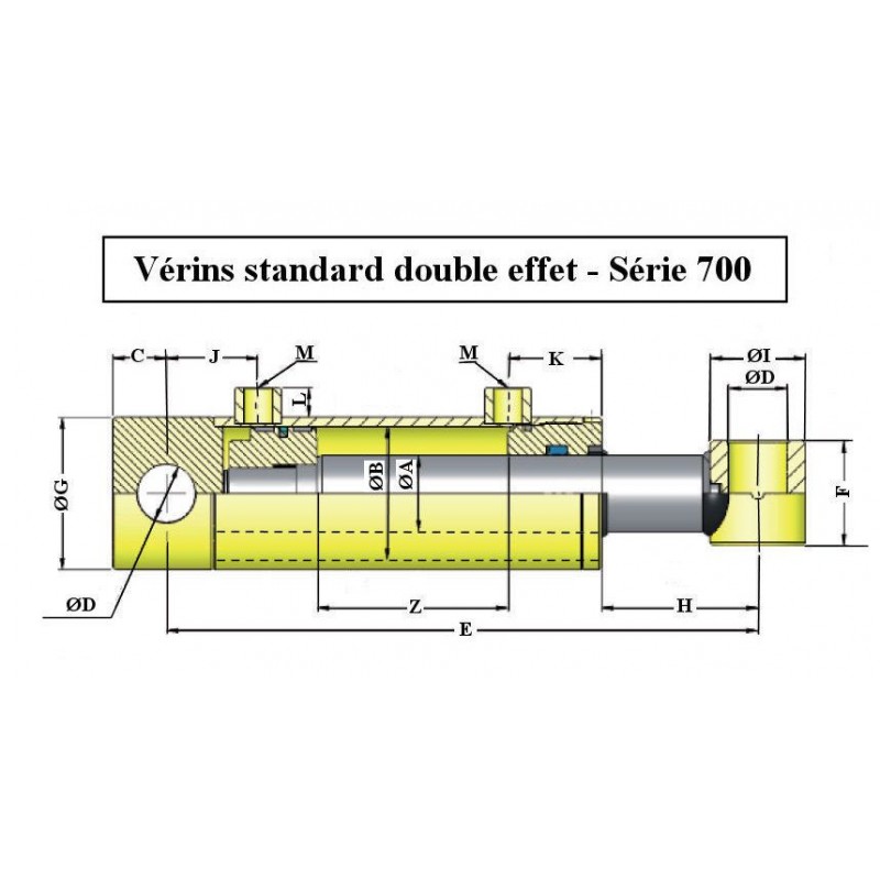 Vérin hydraulique double effet - Tige ø70 mm - Piston ø120 mm - Fixation  ø40.5 mm - Hyprolec