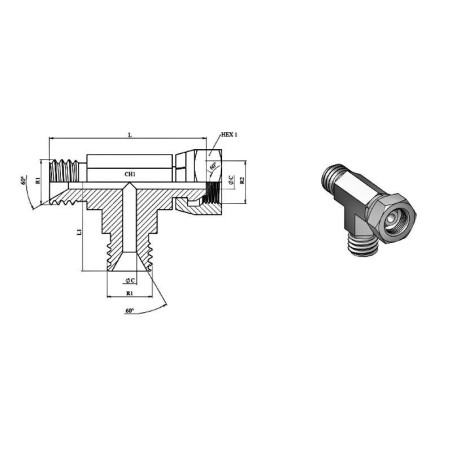 Tee M-M-F - 1/2 MBSP - 1/2 MBSP - 1/2 FBSP - cono a 60°.