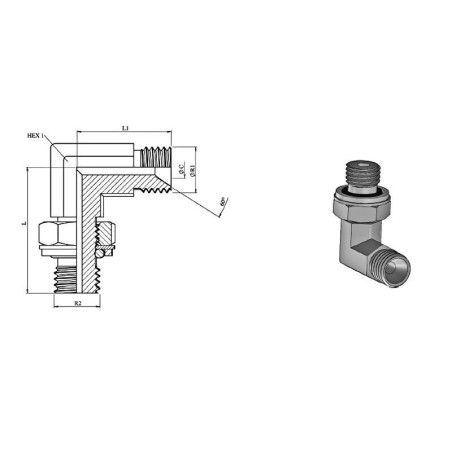 Codo giratorio de 90° - MBSP 1/4 x 1/4 Gaz cil Oro + anillo - Cono de 60°.