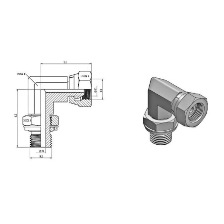 Codo giratorio 90° - TBSP 3/8 x 3/8 Gaz cil Oro + anillo - Cono 60°.